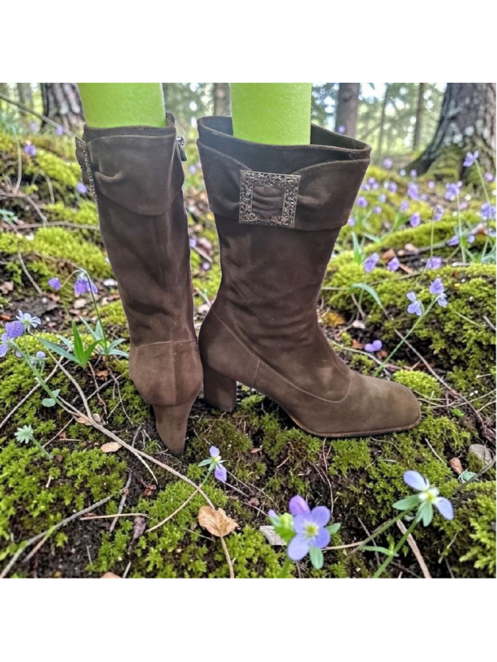 Women's Jigsaw Brown Suede Heeled Boots with Silver Buckle Size 7.5